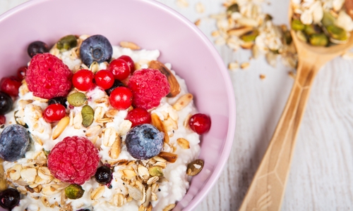 Organic rolled oats, yoghurt, pepitas and organic berries are a delicious and healthy way to start your day.